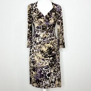 LAUREN Ralph Lauren Brown & Purple Leopard V-Neck 3/4 Sleeve Ruched Dress Sz 10